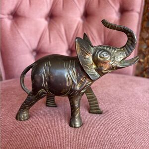 Vintage Solid Brass Elephant Figurine Trunk Up Lucky Decor Mid Century